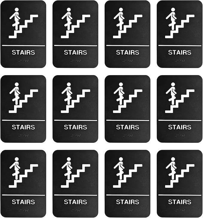ADA Stairs Sign with Braille with Adhesive Back - Durable and Wipe Clean Plastic - 9"X6" - Black and White - Business Restaurant Signage for Indicating Stairs - ADA Compliant - 12 PK