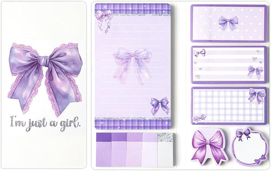 Xqumoi Coquette Purple Bow Sticky Notes Set - I’m Just A Girl Self-Stick Note Pads Bowknot Notepads Writing Memo Pad Page Marker Bookmarker Preppy Girly Stuff Back to School Office Supplies Gift
