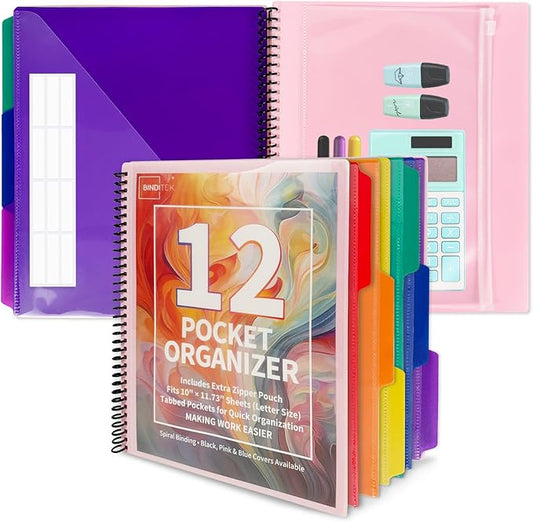 Binditek 12-Pocket Poly Project Organizer, Heavy-Duty Poly Cover, Clear Front Pocket, 6-Color Dividers with 1/3-Cut Tabs, Fixed Zipper Pouch, Letter-Size, Pink
