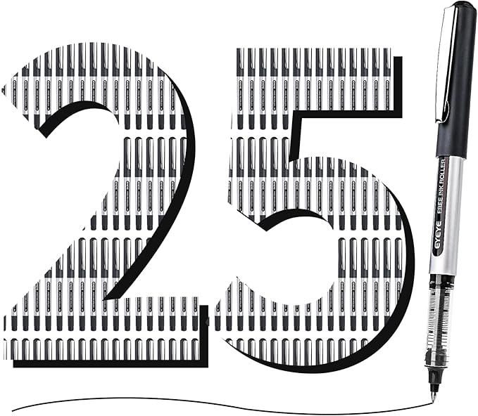 EYEYE 0.5mm Black Rollerball Pens 25 Pack, Extra Fine Point Roller Ball Pen Quick Dry, Liquid Ink Pens Fine Point Smooth Writing Pen for Journaling, Note Taking, Office, School Supplies