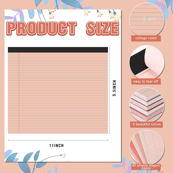 Lincia 6 Pcs 11" x 9.5" Legal Pads College Ruled Notepad Landscape Notebook Horizontal Lined Notebook 80 Gsm Assorted Colors Paper Pastel Writing Pads for School Office, 40 Sheet (Gradient Orange)