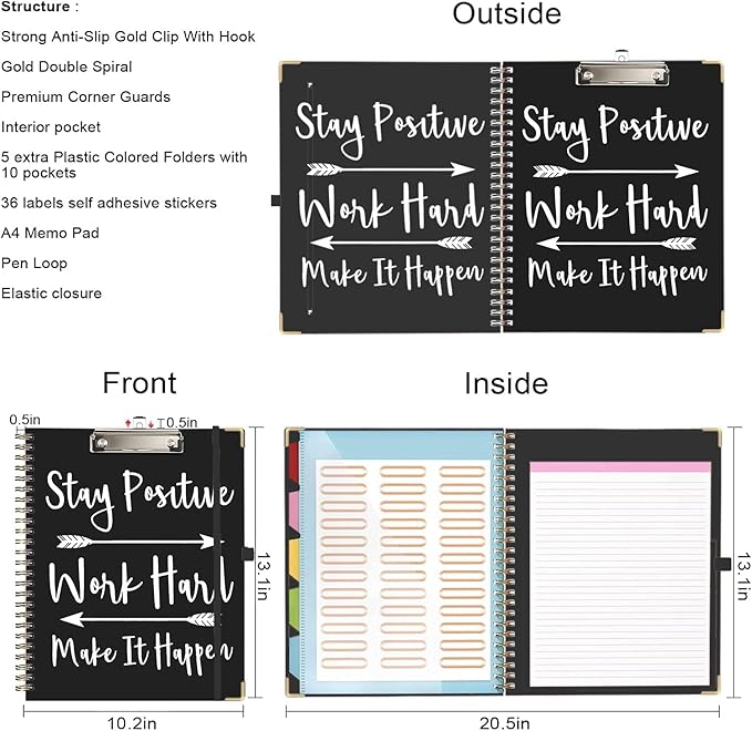 Lateefah Clipboard with Storage, File Folders with Pockets, Nursing Clipboard with Label Stickers and Notepad, Spiral Clip Board with Pen Loop for School, Office Supplies