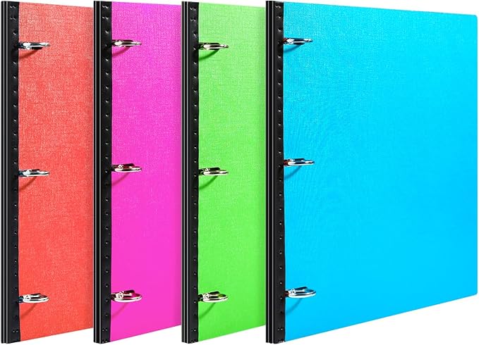 Telescoping 3 Ring Binder-4PCS, Flexible Binder with Elastic Rubble Spine+3 Round Rings, Flat Writing Binder, 4 Bright Colors