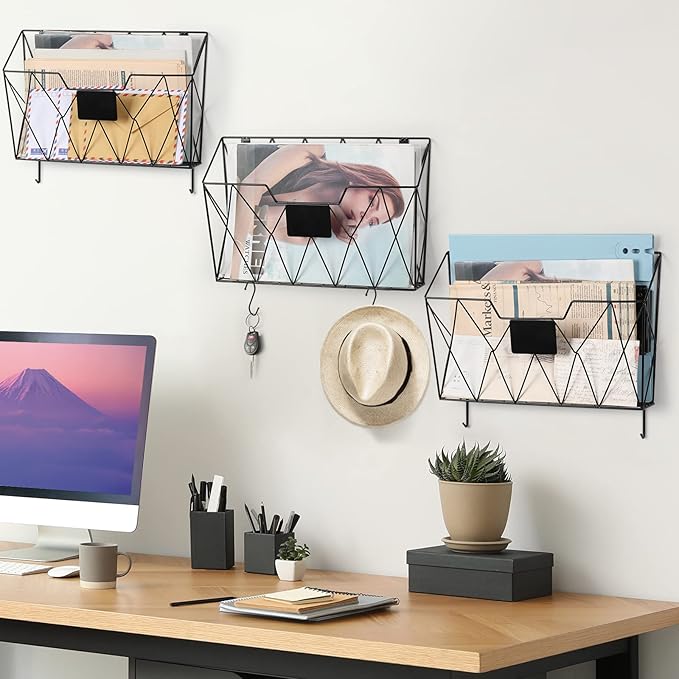 YBING Wall File Organizer for Office Hanging Wall File Holder and Basket Set of 3 Hanging File Rack with Hooks Metal Wall Storage for Office Living Room Black