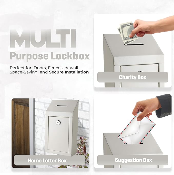 Metal Donation Box-Suggestion Box with Slot and lock-Cash Lock box for Money-Secure Drop Box-Comment and ballot voting box-comes with pre-drilled holes for easy wall mounting 10 X 6 X 2.5"(Off White)