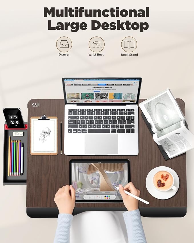 Laptop Desk for Bed, SAIJI XX-Large Foldable Bed Tray Table for Eating Breakfast, Writing, Working, Gaming, Drawing with Storage Drawer, Handrest Bookstand, Tablet Stand, Phone Stand(Black Cherry)