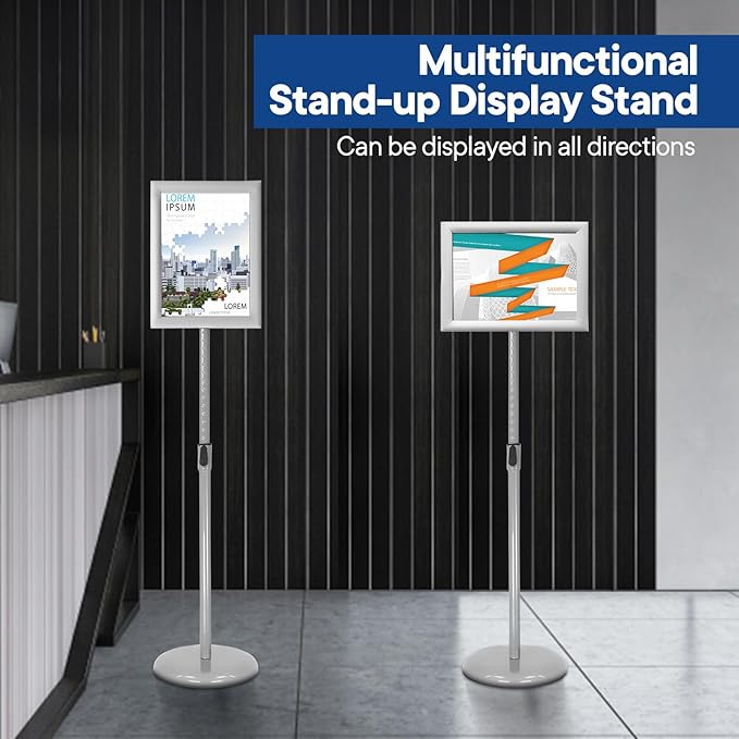 SENZHIYI Adjustable Poster Stand Holder Heavy Duty Snap Open Aluminum Pedestal Floor Standing Sign Holder Vertical and Horizontal View Sign Displayed (Silver, 11x17inches)