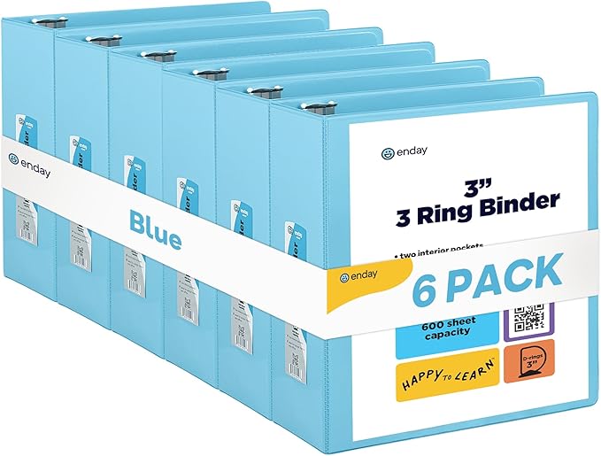 3 Slant D-Ring Binder 3 Inch Blue, 3 in Clear View Cover with 2 Inside Pockets Binder, Heavy Duty Colored School Supplies Binders,Also Available in Green, Grey, Purple, Red, Pink (6 PC) – by Enday