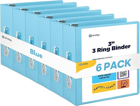 3 Slant D-Ring Binder 3 Inch Blue, 3 in Clear View Cover with 2 Inside Pockets Binder, Heavy Duty Colored School Supplies Binders,Also Available in Green, Grey, Purple, Red, Pink (6 PC) – by Enday