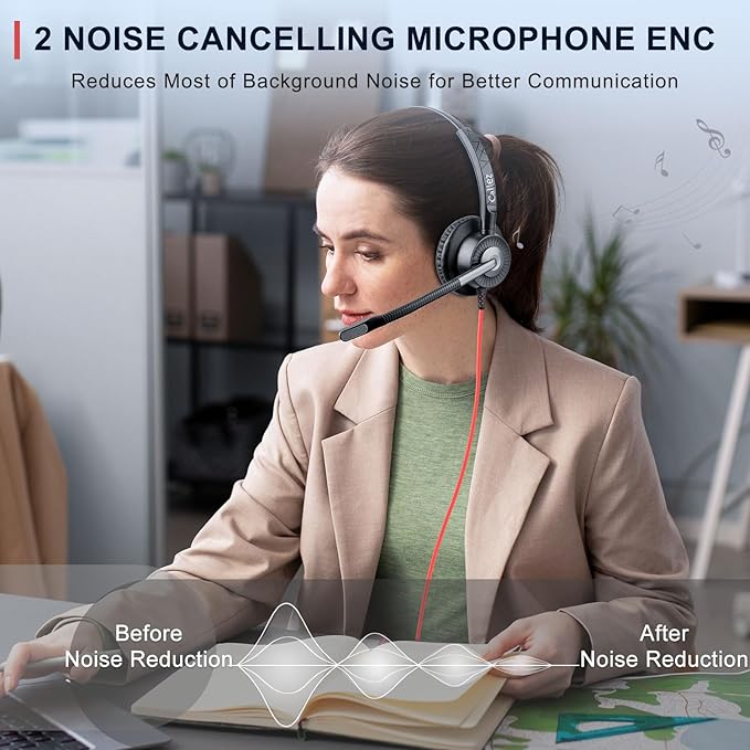 Callez USB Headset with Mic, Computer Headset with ENC Dual Noise Cancelling Microphone & MS Teams Call Button, Wired Mono Headphones for PC Laptop Mac Teams Zoom Home Office Work