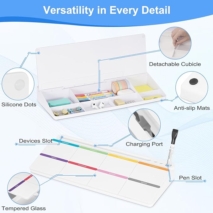 Desktop Glass Whiteboard with Storage, Colorful Weekly Calendar Desk Dry Erase White Board, Desk Organizers and Accessories, Weekly Planner Board with Notes for Planning, Memo, Office, Home, School
