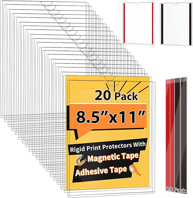 20 Pack Magnetic Sign Holder 8.5 x 11 - Wall Sign Holder Rigid Plastic Sign Holder with Magnet Strips and Adhesive Strips - Magnetic Display Frame Door Sign Holder