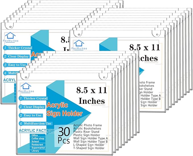 PecMuikee Horizontal Acrylic Sign Holder 8.5x11, Wall Mount Acrylic Sign Holder and Plastic Paper Display Ad Frame Bonus with 3M Tape and Mounting Screws for Restaurant, Office, Market, Library,