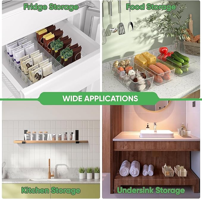 Pantry Organizers and Storage,Kitchen Organizers and Storage for Fridge,Drawer and Refrigerator - Spice Organization for Cabinet,Clear Plastic Stackable Storage Organizer Bins with 3 Dividers (3 Pcs)