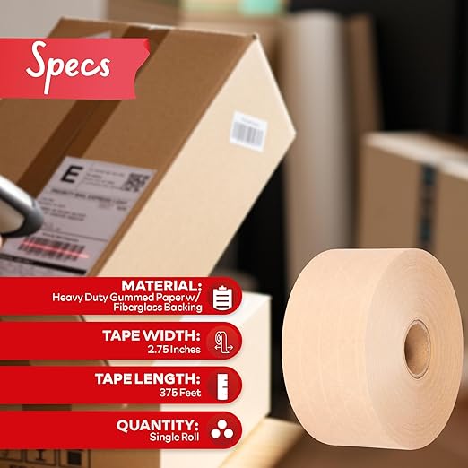 XFasten Brown Paper Packing Tape - 2.75-Inch x 375-Feet, Water Activated, Reinforced for Moving & Packing Boxes