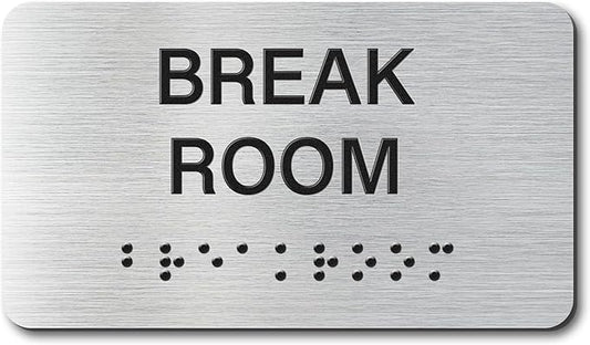 Break Room Signs with Raised Text & Grade 2 Braille, Brushed Aluminum/Silver Finish Easy Install with Double-Sided Tape, ADA Compliant Break Room Door Sign for Businesses & Offices