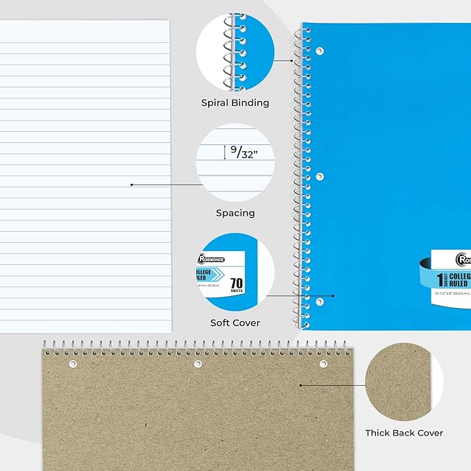 Spiral Notebook, 12 Pack, 1 Subject, College Ruled, 70 Sheets, 8 x 10-1/2", 3 Hole Punched, Bulk College Ruled Spiral Notebook for School, Single Subject Spiral Notebook Bulk, Assorted Colors