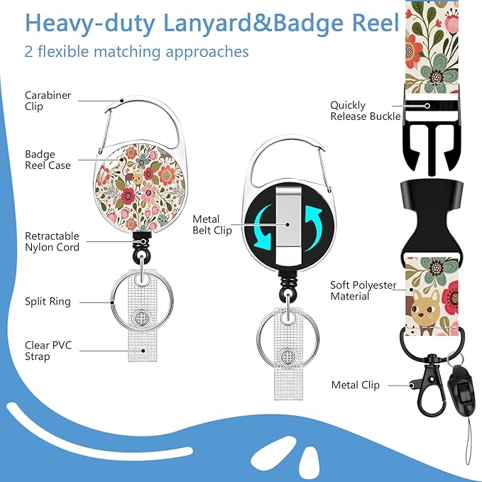 Flower cat Badge Holder Reel Lanyard,ID Card Badge Holder Retractable Name Tag Clips for Doctor Nurse Teacher Office Student