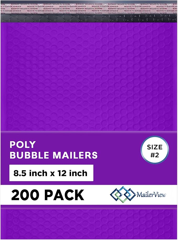 Purple Poly Bubble Mailers 8.5x12 inch #2 | Self Seal Padded Envelopes | Cushioned Bubble Mailer | Usable Size 8.5x11 | WaterProof | Lightweight mailing Shipping Bags | 200 Pack Bulk