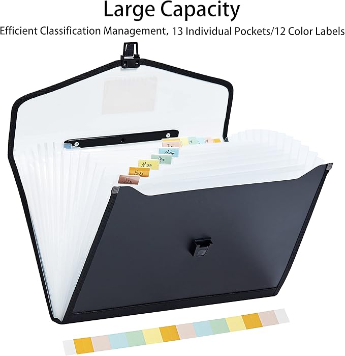 Legal Size 13-Pockets Expanding File Folder with Handle, Plastic Accordion Filling File Folder Expandable Monthly Portable Paper Document Organizer for Office School & Home (Black-1)