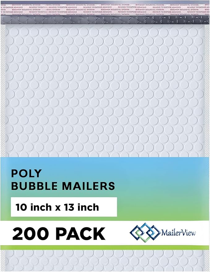 White 10x13 Inch Poly Bubble Mailers |Self Seal Padded Envelopes for Thick books | Air Cushioned Bubble Mailer | Usable Size 9.5x13 Inch | Waterproof Lightweight Mailing Shipping Bags | 200 Pack Bulk