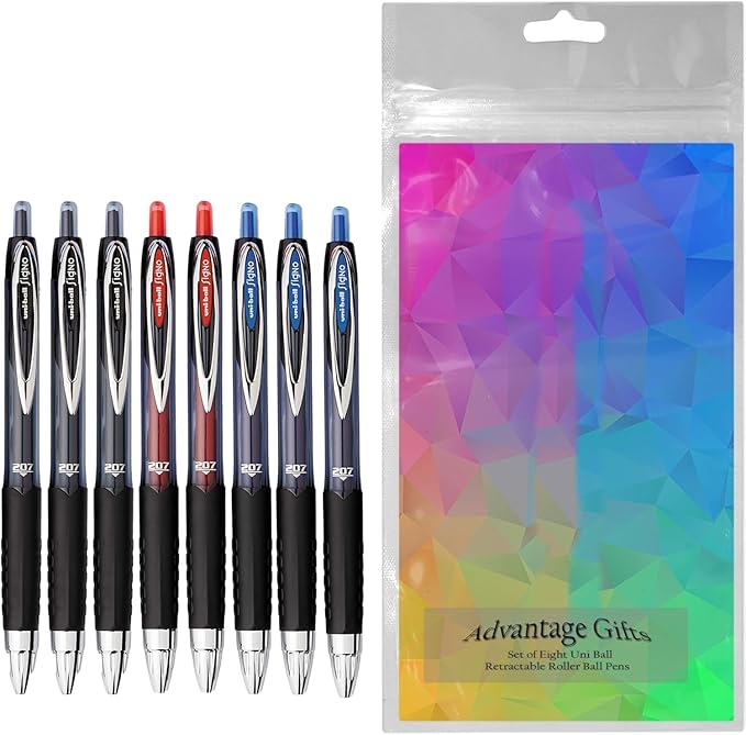 Signo 207 Roller Ball Retractable Gel Pens, Medium Point (0.7mm), Black Blue And Red Ink, 8 Count, Bundle with Plastic Reusable Pouch