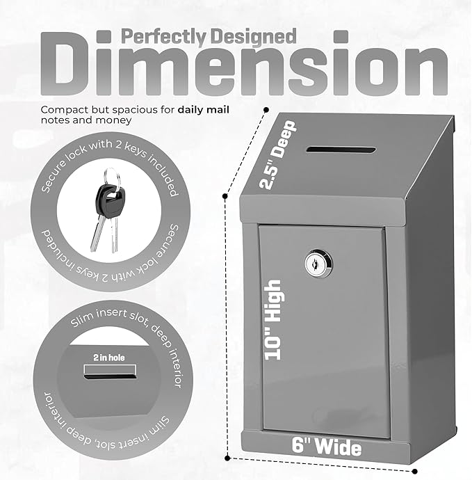 Metal Donation Box-Suggestion Box with Slot and lock-Cash Lock box for Money-Secure Drop Box-Comment and ballot voting box-comes with pre-drilled holes for easy wall mounting 10 X 6 X 2.5"(Grey)
