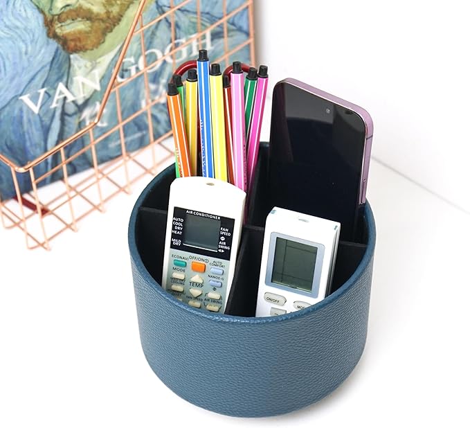 Hennaja Round Leather Art Supply Organizer,Remote Control Holder,360 Degree Spinning,Multi-Functional Pencil Holder,4 Compartments Desktop Stationary Organizer(1-Lichee Green)