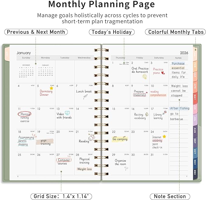 RETTACY 2026-2027 Monthly Planner, Jan 2026 - Dec 2027, Medium Size (5.7" x 8.3"), Agenda, Calendar, 24 Month Tabs, Flexible Plastic Cover, 100 GSM Thick Paper, Spiral-bound (Light Green)