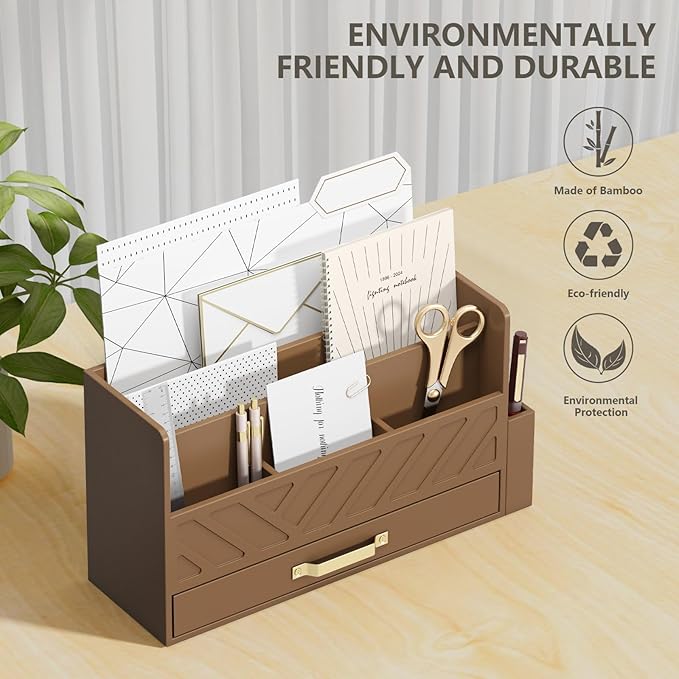Bamboo Desk Organizer Mail Holder Countertop Wood Desk Drawer Tabletop Storage Box Pen Holder Letter Sorter Makeup Organizer for School Home Office Supplies with Pen Holder Brown