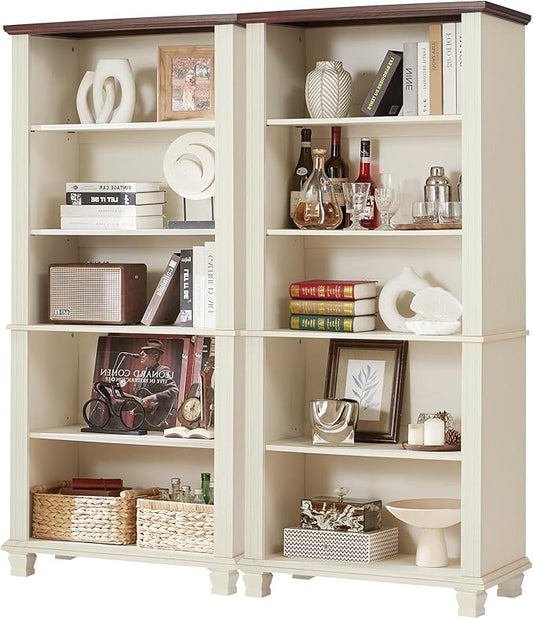 70" Tall White Bookshelf,5 Tier Wood Book Shelf with Adjustable Shelves & Wood Legs,Free Standing Farmhouse Bookcase with Open Display Storage,Vintage Kids Bookshelves for Nursery,2PCS