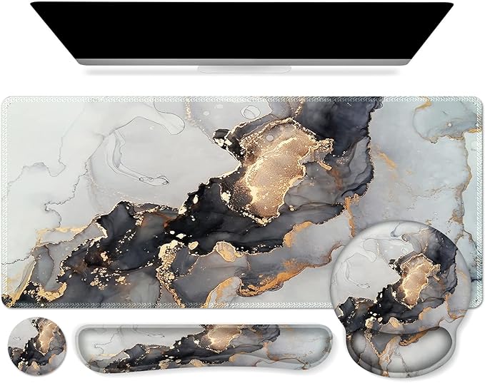 iCasso Desk Mat, Gaming Mouse Pad Wrist Support Set,4in1 XXL Large Mousepad + Keyboard Wrist Rest+Mouse Wrist Rest+Coaster Set with Ergonomic Design for Home Office Table Computer-Grey Ink Marble