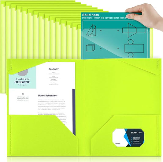 Henoyso 36 Pcs Plastic Folders with Clear Front Pockets Heavy Duty File Folders with 2 Pockets and Card Slot for Student Communication School Office Presentation Report (Fluorescent Green)