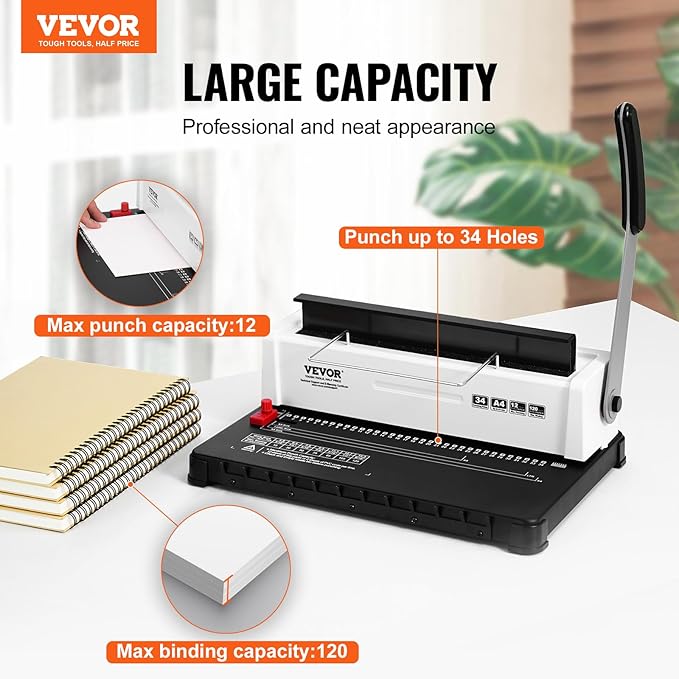 VEVOR Coil Spiral Binding Machine, Manual Book Maker 34-Holes Binding 120 Sheets, Punch Binder Adjustable 3/16" - 9/16" Coil Binding Spines, for Letter Size, A4, A5