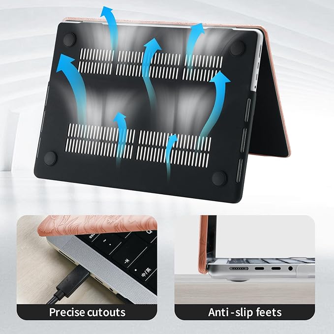 DTangLsm Compatible for MacBook Air 13 inch Case 2021 2020-2018 M1 A2337 A2179 A1932, Elegant Texture Leather Plastic Hard Shell Cover for MacBook Air 13.3 M1 Case+Keyboard Cover, Pink Embossed Floral