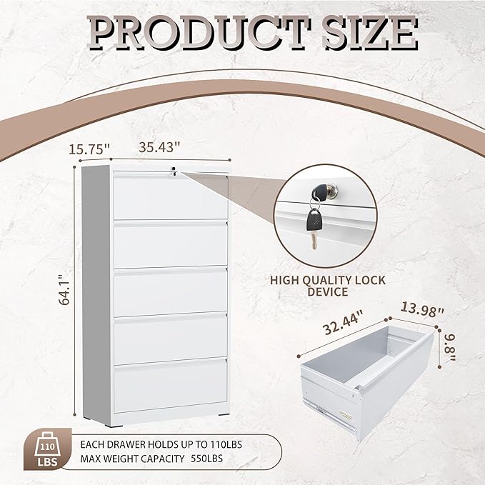 5 Drawer Lateral File Cabinet with Lock, Metal File Cabinet, Lateral File Cabinets for Home Office, Heavy Duty File Storage Cabinet for Legal/Letter/A4 Document, Assembly Required, White