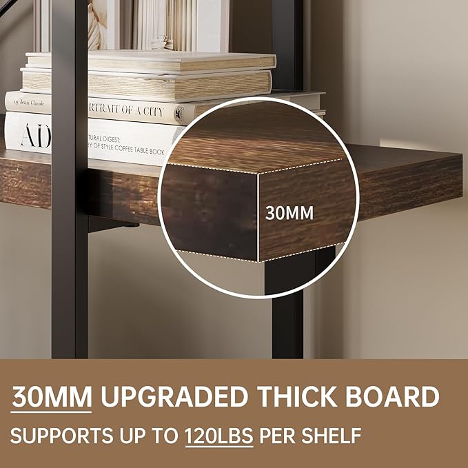 Heavy Duty 5-Tier Industrial Bookcase, 47" Wide Wood Bookshelf for Home Office, 120lbs Shelf Capacity, Rustic Open Shelving Display with Reinforced Horizontal Shelf for Living Room Bedroom