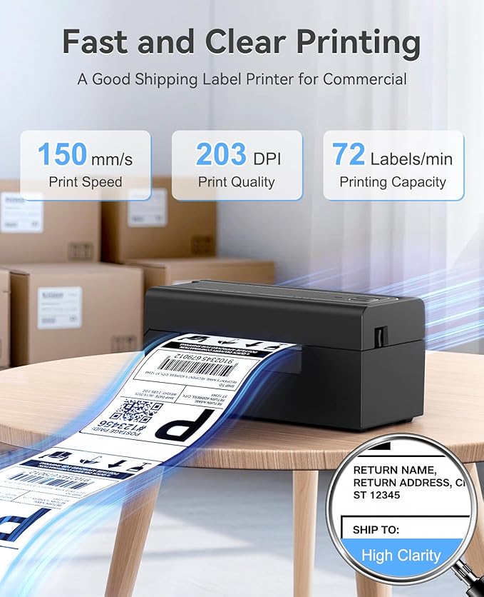 Bluetooth Thermal Label Printer, Wireless 4x6 Shipping Label Printer for Small Business, High-Speed Thermal Printer Compatible with Android, iOS & Windows for Amazon, Ebay, Shopify, USPS