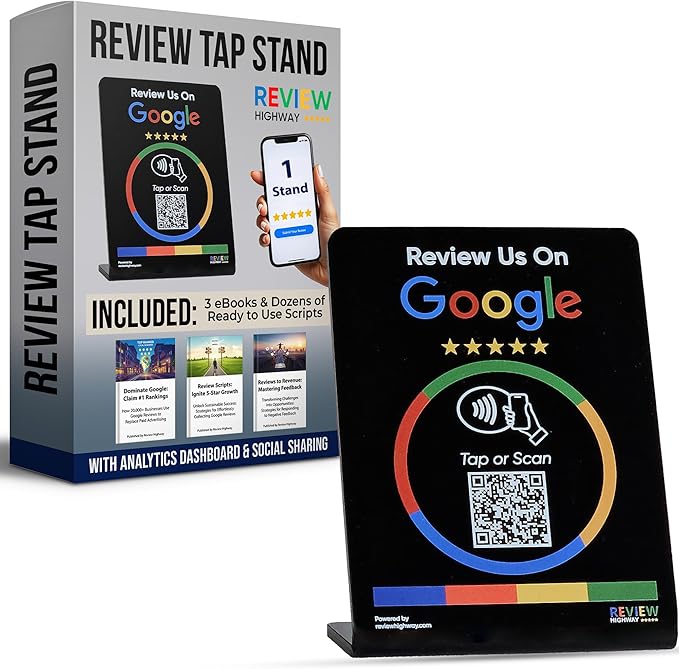 NFC Tap Stand (1-Pack) by Review Highway - Compatible with Google Reviews - NFC Tap & QR Scan for Instant Reviews - Boost SEO - iPhone/Android Compatible – Reusable and Zappy Fast (Black, 1 Stand)