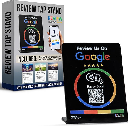 NFC Tap Stand (1-Pack) by Review Highway - Compatible with Google Reviews - NFC Tap & QR Scan for Instant Reviews - Boost SEO - iPhone/Android Compatible – Reusable and Zappy Fast (Black, 1 Stand)