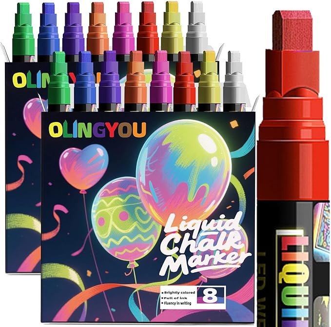 Window Chalk Markers for Cars Glass Washable, 2 boxes X 8 Colors Liquid Chalk Marker Pens with 7mm 2 in 1 Nib Wide Tips, Big Chalkboard Markers Car Window pens