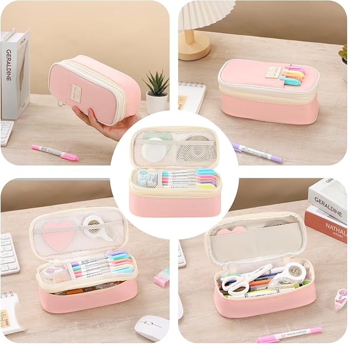 Pencil Case for Girls Kids Teens Adults Big Pencil Bag with Zipper Big Pen Pouch Large Stationery Pen Case Organizer for School Pink
