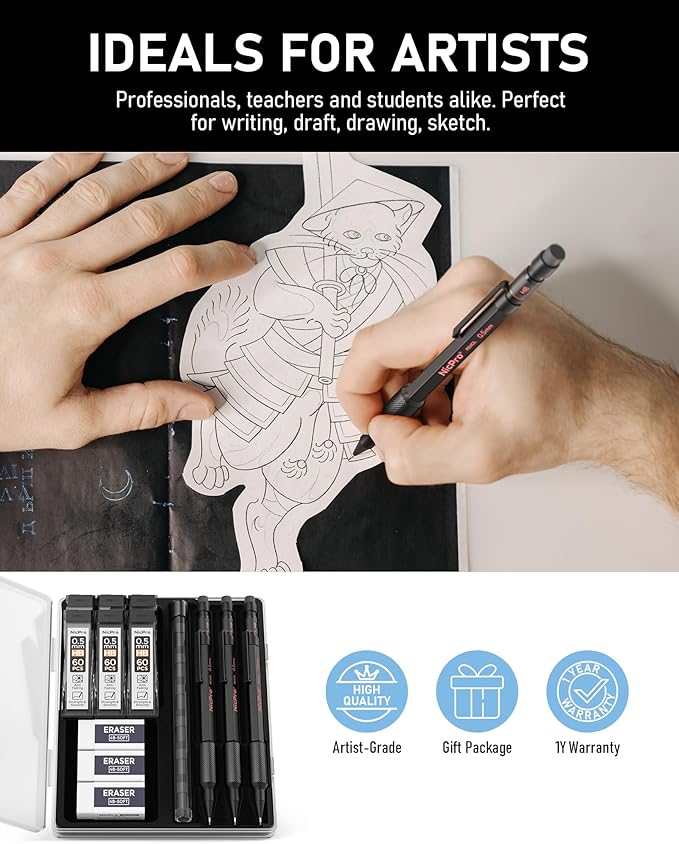 Nicpro 0.5 mm Mechanical Pencil Set with Case, 3PCS MP2000 Metal Artist Mechanical Pencil With 6 Tube HB Lead Refills, Eraser, Weatherproof Barrel for Outdoor Writing Drafting Drawing Sketching