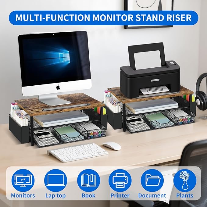 Wood Desk Organizers and Accessories, 2-Tier Computer Monitor Stand Riser with Drawer, Pen Storage & Phone Holder, Office Desk Accessories, Workspace Desktop Organization for Office Supplies（Brown）