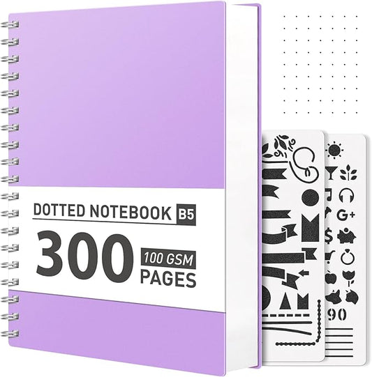 AHGXG Bullet Dotted Journal Spiral Notebook - 300 Pages Dot Grid Notebook B5 Thick Journal, 100GSM Thick Dotted Paper, Plastic Hardcover, with Journal Stencils, 7.3"X 10" - Purple