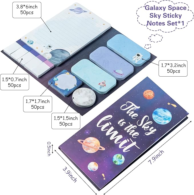 Xqumoi The Sky is The Limit Sticky Notes Set, 550 Sheets, Outer Space Galaxy Planet Pattern Self-Stick Notes Pads Divider Tabs Bundle Writing Memo Pads Back to School Office Supplies Small Gift