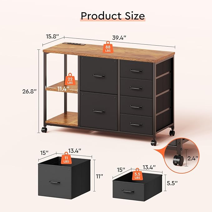 6 Drawer File Cabinet with Charging Station Rolling Printer Stand with Open Storage Shelf Fabric Lateral Filing Cabinet for Home Office,Rustic Brown