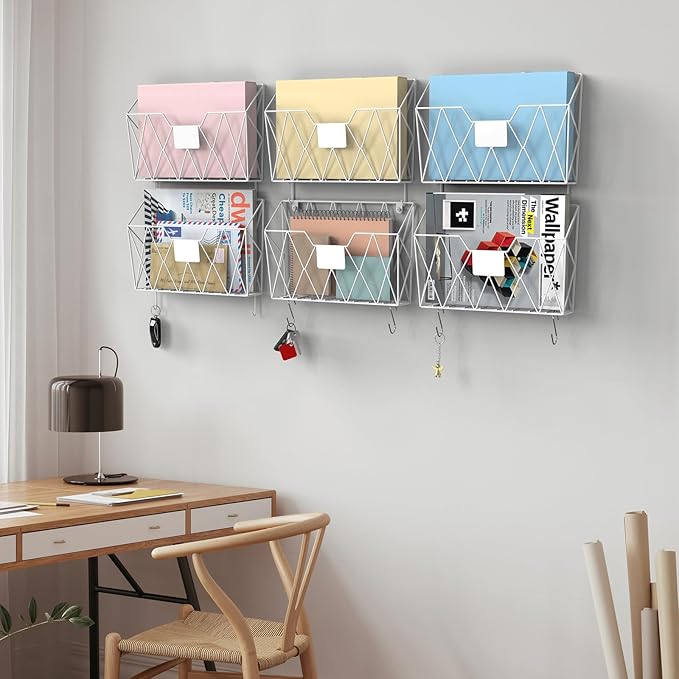 YBING Wall File Organizer White 6 Pack Mesh Hanging File Holder Organizer Metal Wire Mail Organizer Wall Mounted Office Papers Holder Hanging File Folders With Hooks