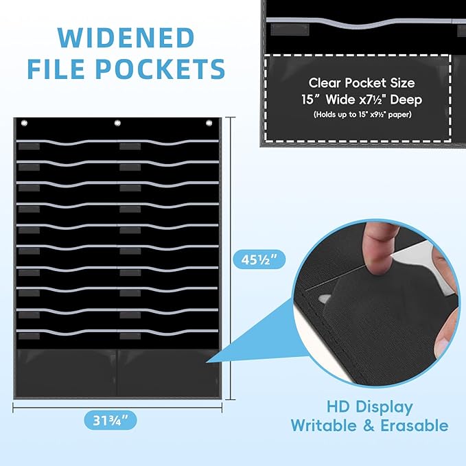 22 Pockets Hanging Wall File Organizer, Sturdy Legal/Letter Size Manila File Folders Organizer, Classroom Pocket Chart with 2 Writable Clear Pockets, 6 Wall/Door Hooks & 24 Labels (Black)