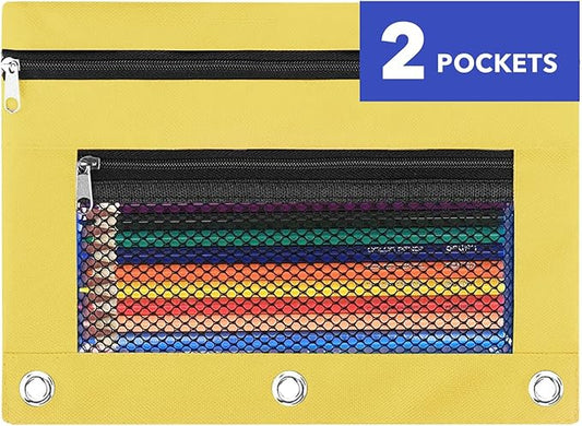 Pencil Pouch for 3 Ring Binder - 3 Hole Zipper Pen Case Bag Holder Bulk Accessories Clear Window Aesthetic Organizer Pockets (Yellow, 1)